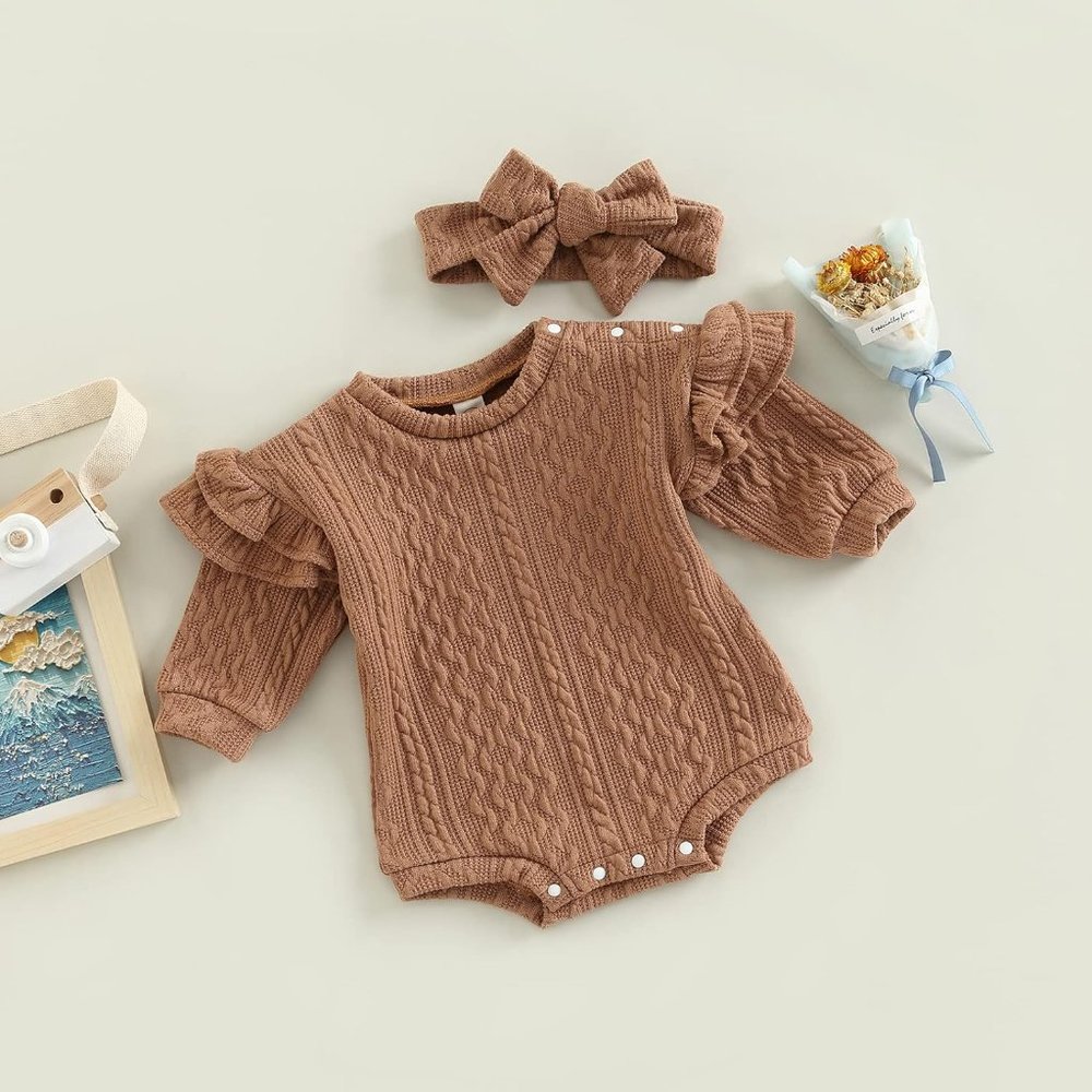 Baby Girl Boho Ruffle Long Sleeve Romper Fall Winter Knit Shirt Tops Headband - Picture 8 of 8